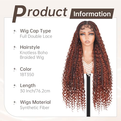Knotless Boho Braided Wigs for Black Women Full Double Lace Human Hair Blended Synthetic Box Braids Wig with Bohemia Curly Ends (1B350, 28 Inch)