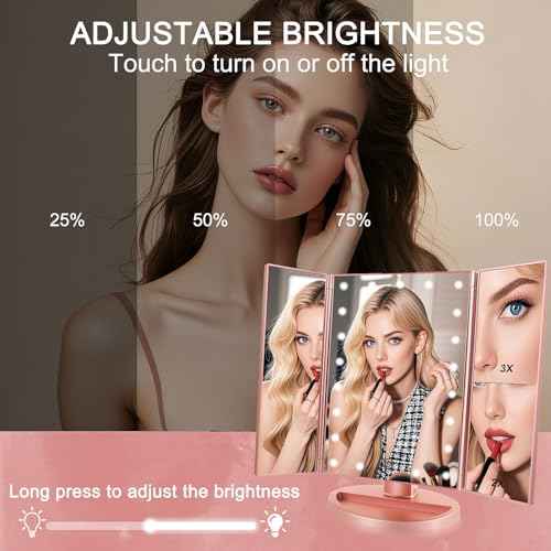 Tri-fold Lighted Vanity Makeup Mirror with 3x/2x Magnification,21 LEDs Light and Touch Screen,180 Degree Free Rotation Countertop Cosmetic Mirror,Travel (Rose Gold)
