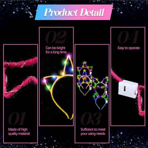 Xinnun 64 Pieces Light up Cat Ears Headband LED Bunny Glow in Dark Cat Ears Hairband Party Supplies for Women Adult Costume (Unicorn)