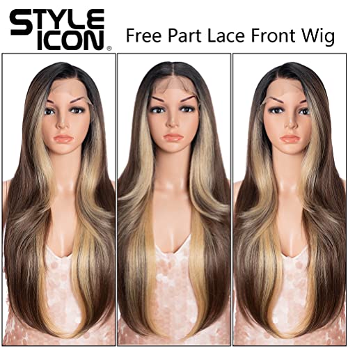Style Icon Easy-360 Lace Wigs 28" Free Part Lace Frontal Wigs Ombre Synthetic Wig (28", TTOL4/30S/26J)
