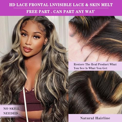 Ombre Lace Front Wig Human Hair Pre Plucked 1B/27 Highlight Lace Front Wig Human Hair with Baby Hair 180 Density 13x4 Body Wave Colored Lace Front Wigs Glueless Wigs 24 Inch