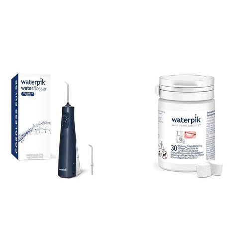 Waterpik Cordless Pulse Rechargeable Portable Water Flosser for Teeth, Gums & Fresh Mint Whitening Refill Tablets (30 Count) – for Use with Waterpik Boost Tip