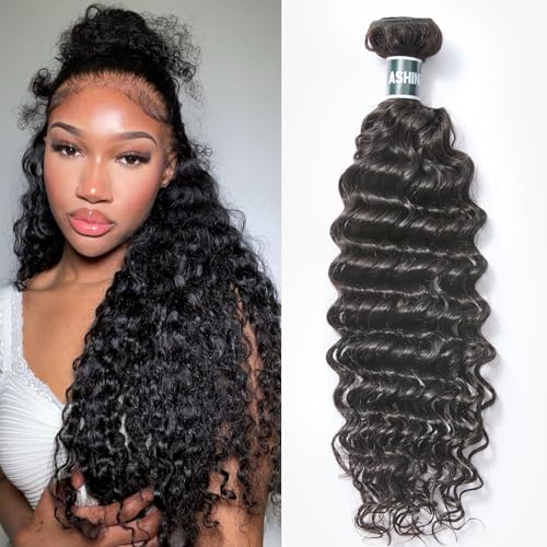 ASHINE Human Hair Bundle Deep Wave Unprocessed Cambodian Raw Hair 20 Inch, Flip Over Quick Weave Wet and Wave Bundles for Women Natural Black