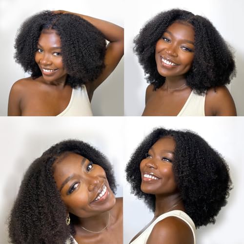 Afro Kinky Curly Lace Closure Wigs Human Hair Wear and Go Glueless Wig 4C Edges Afro Curly 4x4 Lace Pre Cut Pre-Plucked Hairline 210% Density 18 inch human hair wigs for black women