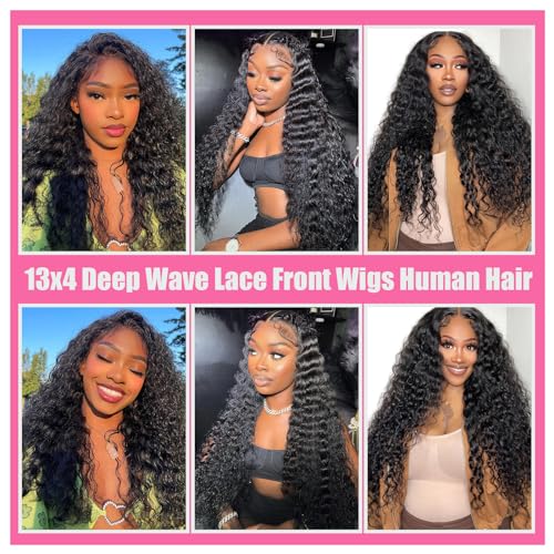 20 Inch Deep Wave Lace Front Wigs Human Hair 13x4 Deep Curly Human Hair Wig Pre Plucked 180% Density HD Transparent Lace Front Wigs for Black Women Deep Wave Frontal Wigs Natural Black