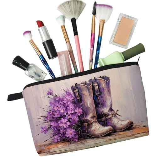 Purple Western Boots Print Makeup Bag Floral Western Cowboy Boots Small Organizer Bag Zipper Pouch Cowboy Style Oil Painting Cosmetic Bag Present for Women Friends