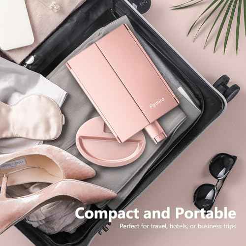 Tri-fold Lighted Vanity Makeup Mirror with 3x/2x Magnification,21 LEDs Light and Touch Screen,180 Degree Free Rotation Countertop Cosmetic Mirror,Travel (Rose Gold)
