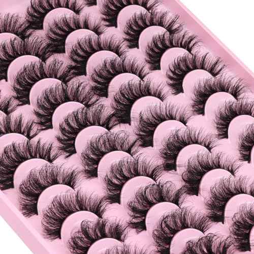 Mink Lashes Fluffy Faux Mink Eyelashes Wispy 20mm Long D-Curl Lashes Russian Cat Eye Strip Lashes Extensions Eyelashes Pack 20 Pairs