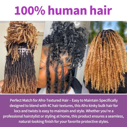 100% Unprocessed Afro Kinky Curly Bulk Human Hair 14 Inch (2 Bundles ? 50 g Each, 100 g Total) for Loc Extensions, Braiding & Mini Twists ? #1B Natural Black, Dye & Bleach Safe with Hook & Comb