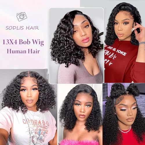 SODLIS Short Curly Bob Wig Human Hair 13x4 Lace Front Wigs Brazilian Virgin Human Hair Lace Frontal Curly Wigs For Black Women Pre Plucked with Baby Hair 150% Density (16 Inch)