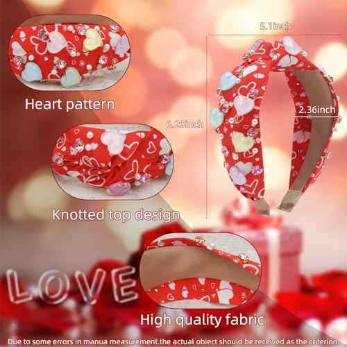 Valentine¡¯s Day Headbands for Women Pearl Rhinestone Hairband Knotted Heart Crystal Bejeweled Head Band Non Slip Wide Top Knot Headband Holiday Jeweled Hair Accessories Valentines Gifts (Red-Love)