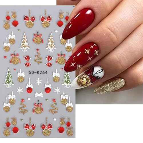 Christmas Nail Art Stickers Snowflake 5D Embossed Nail Decals 8PCS Gold Silver Glitter Snowman Christmas Tree Bell Cane Bear Nail Design Winter Nail Decoration for Acrylic Nails Manicure Decorations