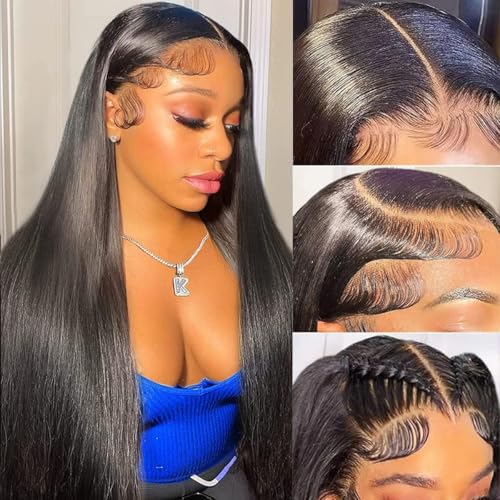 Straight Lace Front Wigs Human Hair Pre Plucked 13x6 Glueless HD Lace Frontal Wig with Baby Hair - Natural Black Color, 22 Inch