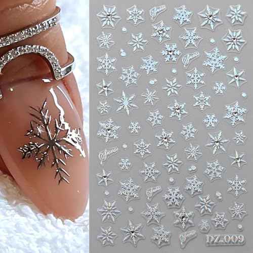 Christmas Snowflake Nail Art Stickers Gold Silver Snowflake Nail Decals with Rhinestones Design 3D Self Adhesive Nail Art Supplies Winter Shiny Snowflake Nail Sticker for Women Nail Art Decor, 4PCS