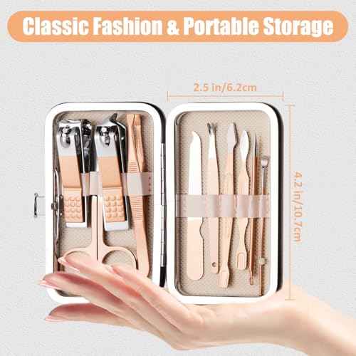 Manicure Set 10 in 1 Nail Clippers Kit Gifts for Men and Women, Fingernail Clipper Stainless Steel Nail Care Tools with Leather Travel Case (Gold)