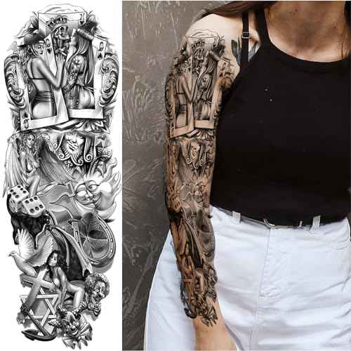 Pirate Skull Fake Tattoo Sleeve for Men, Full Arm Realistic Flower Skeleton Kraken Gun Temporary Tattoo Sleeve Women Adult, Large Black Octopus Sailboat Temp Tatoo Sticker Leg Body Art Makeup, 8-Sheet