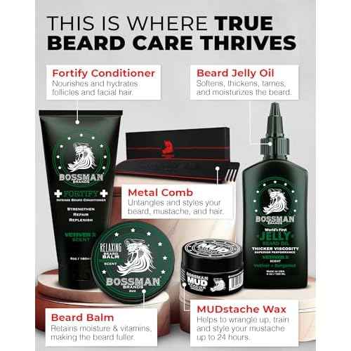 Bossman Complete Beard Kit ? Men's Beard Oil Jelly, Fortifying Shower Conditioner, Balm, Mustache Wax & Comb ? Beard Softener & Grooming Care ? Men Gift Set (Magic Scent)