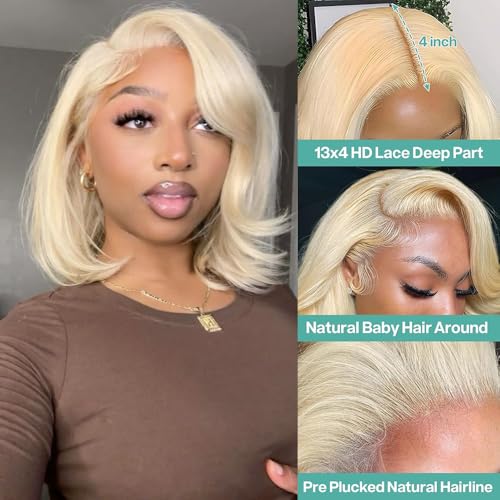 613 Bob Wig Human Hair Blonde 13x4 Frontal Lace Wig 14 Inch Body Wave 180% Density HD Transparent Lace Front Wigs Human Hair Wigs for Black Women Pre Plucked