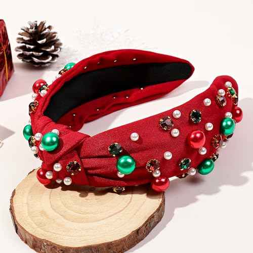 Ivyu Christmas Headbands for Women Adults Girls Red Headband with Jeweled Pearl Sparkly Headbands