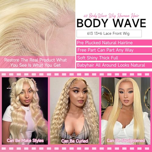 613 Lace Front Wig Human Hair 200 Density Blonde Wig Human Hair Blonde Body Wave Lace Front Wigs Human Hair Pre Plucked 613 HD Lace Frontal Wig 13x6 22 Inch