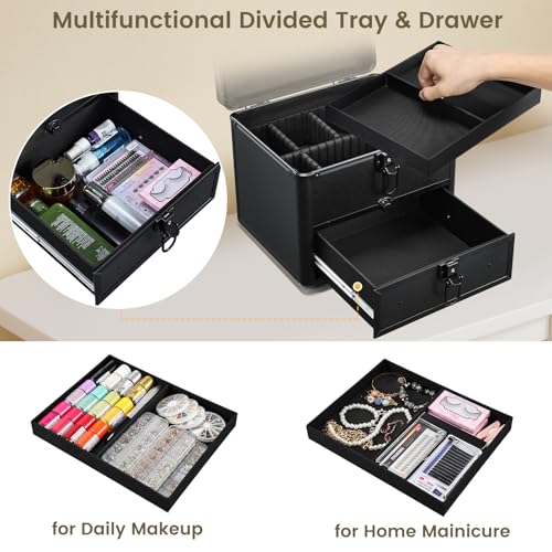 Makeup Case with Drawer, Detachable Lighted LED Mirror, Makeup Organizer Box Travel Make up Vanity Case Portable Cosmetic Train Case for MUA Lockable Makeup Suitcase with Adjustable Dividers