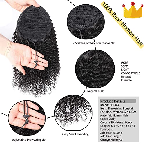 Curly Ponytail Extension for Black Women Real Human Hair Natural Drawstring Ponytails Hair Pieces African American Girls Curly Hair Extensions 16 Inch #1B Natural Black