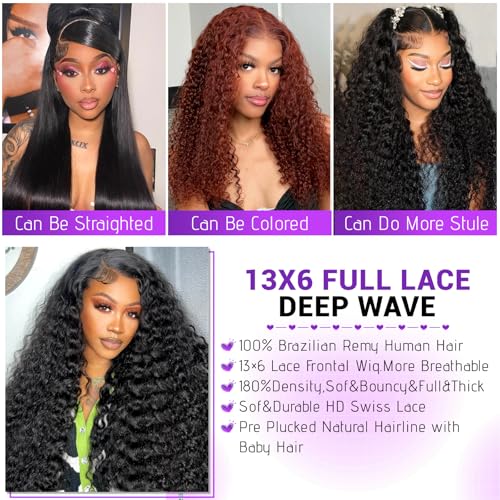 13x6 Full Lace Front Wigs Human Hair pre plucked Deep Wave Lace Front Wigs Human Hair 180% Density Curly Wig Glueless Water Curly Lace Frontal Wigs for Women 24Inch