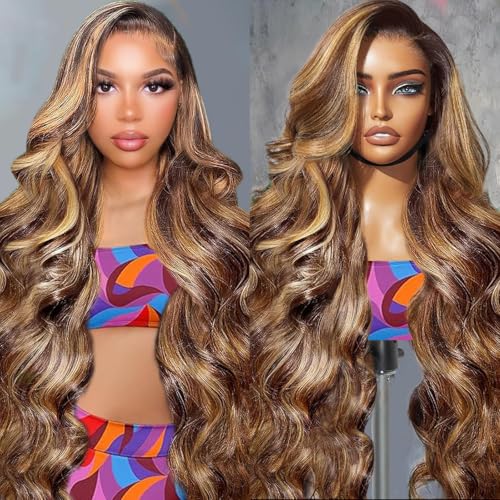 Ombre Lace Front Wig Human Hair Body Wave 13x6 HD Lace Front Wigs Human Hair Pre Plucked 200% Density Honey Blonde Highlight Wig 4/27 Colored Lace Frontal Glueless Wigs Human Hair 24 Inch
