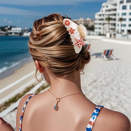 BVGA Sea Animal Hair Claw Clips Marine Life Starfish Seashell Pearl Crystal Claw Clips Cute Large Claw Hair Clips Beach Stylish Hair Accessories Gifts for Women Girls (Shell Starfish White)