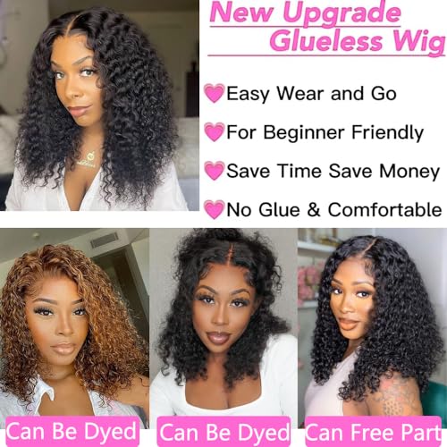 Wear and Go Glueless Wigs Human Hair Pre Plucked Pre Cut Deep Wave Curly Bob Wig Human Hair Lace Front Wigs for Black Women 4x4 Lace Closure Human Hair Bob Wigs Glueless 16 Inch