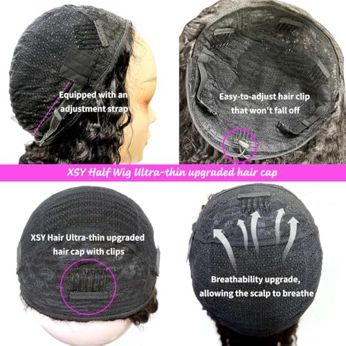 XSY Curly Half Wig Human Hair 16 Inch Kinky Curly Half Wig 200% Density 3 In 1 Drawstring Seamless Flip Over Glueless Wear and Go Half Wigs for Black Women Beginner Friendly Natural Black
