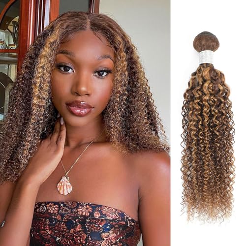 Honey Blonde Highlight Tight Kinky Curly Single Bundles Human Hair 24Inch, 100% Virgin Remy 12A Brazilian Curly Weave Bundles Human Hair Thick Track P4/27 Ombre Brown Colored Kinky Curly Bundles