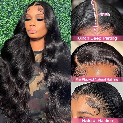 13x6 Lace Front Wigs Human Hair Pre Plucked 200% Density Body Wave HD Lace Front Wigs Human Hair Wigs Virgin Human Hair for Women Natural Black 24 Inch