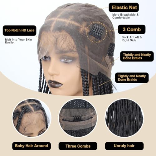 36 inch Knotless Box Braid Wigs, 360 Single Full Lace Braided Wigs for Black Women, Synthetic Black Braided Lace Wig