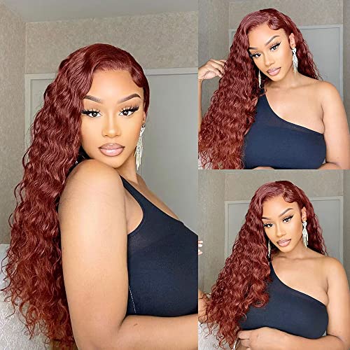 Siyun Show 13x4 Reddish Brown Deep Wave Lace Front Wigs Human Hair Wigs for Black Women 24 Inch Copper Red Deep Curly Wig Human Hair 180% Density Auburn Colored Wigs With Baby Hair