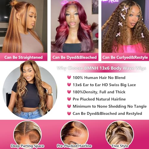 Ombre Honey Blonde Lace Front Wig Human Hair 13x6 Highlight Body Wave Lace Front Wig Glueless Pre Plucked With Baby Hair P4/27 HD Lace Frontal Wigs 200% Density Colored Wigs 22 Inch