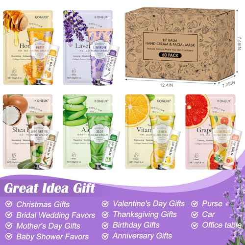 60 Pack Bulk Lip Balm, Facial Mask and Hand Cream Sets, Stocking Stuffers for Women, Christmas Gifts and Bridesmaid Gifts for Guests, Birthday Gifts, Adult Party Favors and Small Gifts for Women