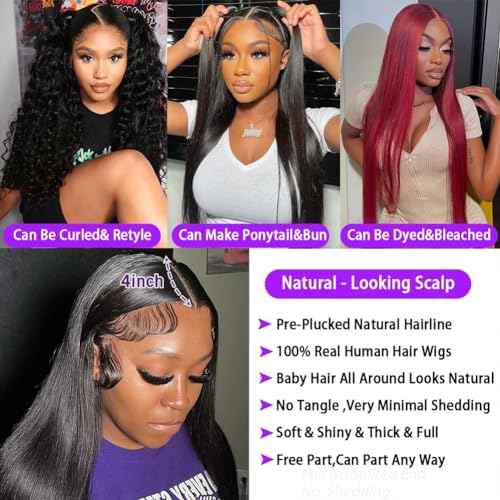 Straight Lace Front Wigs Human Hair Pre Plucked 13x4 HD Transparent Lace Frontal Wig for Black Women Glueless Brazilian Virgin Hair 180% Density with Baby Hair Hairline