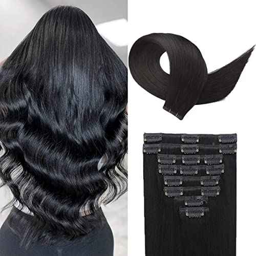 Clip in Hair Extensions Real Human Hair Jet Black for Women Invisible Natural Straight Seamless Clip in Hair Extensions Human Hair 8pcs Double Weft 2.8oz/70g (#1 Jet Black, 20 Inch)