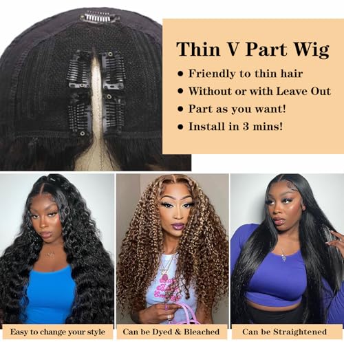 V Part Human Hair Wig Water Wave Thin Part Glueless Clip In Half Wigs 180% Density Curly V Shape Clip in Half Wig Beginner Friendly Water Curly Brazilian Virgin Human Hair Wigs (22 Inch)