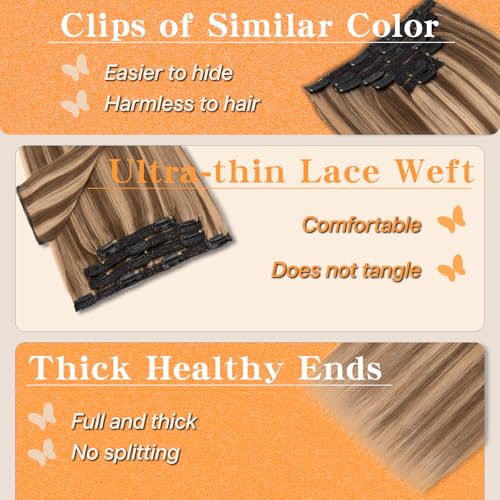 Remy Hair Extensions Clip in Human Hair 16 Inch Clip in Extensions Real Human Hair Straight Real Hair Extensions Clip in Human Hair 110g 7Pcs, Medium Brown Mixed Dark Blonde # 4P27