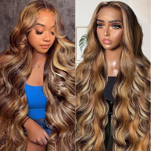 Honey Blonde Wig Human Hair 200 Density Ombre Highlight 13x4 HD Lace Front Wig Human Hair Pre Plucked Body Wave HD Lace Frontal Wig For Women 22 Inch