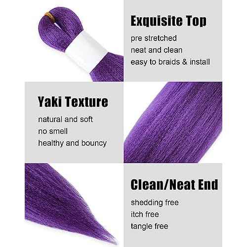 Purple Braiding Hair 20 Inch Pre Stretched Hair Long Straight Crochet Braids Yaki Texture Synthetic Fiber 4 Packs (Dark Purple)