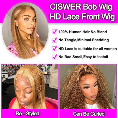 Blonde Lace Front Wigs Human Hair Straight 13x4 HD Lace Wigs Human Hair for Black Women with 180 Density 18 Inch Long Bob 27# Color