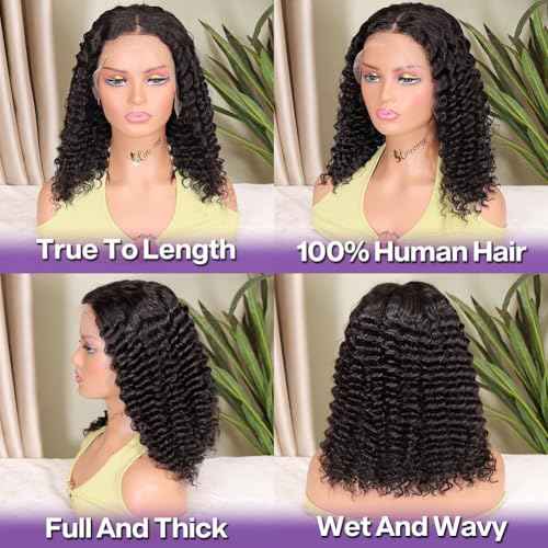 Deep Wave BOB Wig Human Hair 13x4 HD Curly BOB Lace Front Wigs Human Hair Pre Plucked Wear And Go Glueless Short Curly Frontal BOB Wigs For Black Women Wet And Wavy 14 Inch