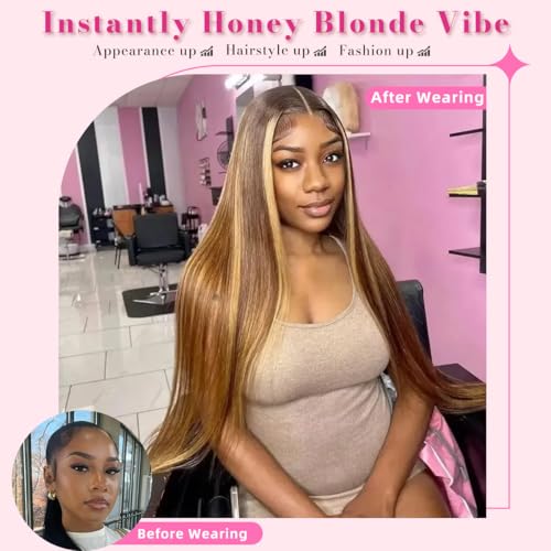 Straight Honey Blonde Wig Human Hair 16inch P4/27 Highlight Ombre Lace Front Wig Human Hair 180%, 13x4 Pre-plucked HD Lace Frontal Wigs For Black Women Honey Blonde Glueless Wigs