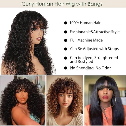 Wig with Bangs 22inch Wet and Wavy Wig with Bangs Glueless Non-Lace Front Wig Machine Made Curly Bob Human Hair Wigs 150% Density Brazilian Virgin Hair for Women Natural Color