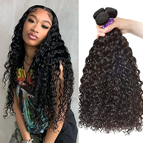 Water Wave Human Hair 3 Bundles (14 16 18 Inch) Brazilian Virgin Water Curly Bundles 100% Unprocessed Human Hair Weave Remy Hair Weft for Black Women Natural Color