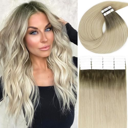 Lacerhair Rooted Tape in Hair Extensions Human Hair Seamless Skin Weft Real Remy Invisible Natural Hair #8G/60A Double Sided Light Platinum Blond with Light Ash Brown Roots 22" 50g