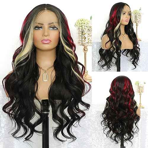 Highlight Red Skunk Stripe Blonde Synthetic Lace Front Wig Glueless Long Wavy Colored Mixed Red Black 13x4 Lace Front Wigs for Women Pre Plucked with Baby Hair 24 Inches 150 Density